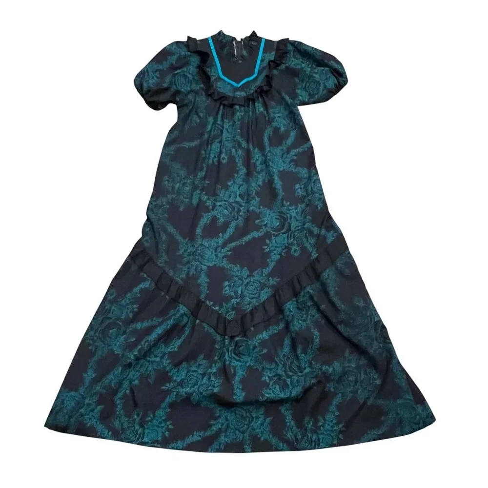 Carol Bennett for Liberty House Vtg Prairie Maxi Dress, Floral Black Green, S/M - Picture 1 of 10